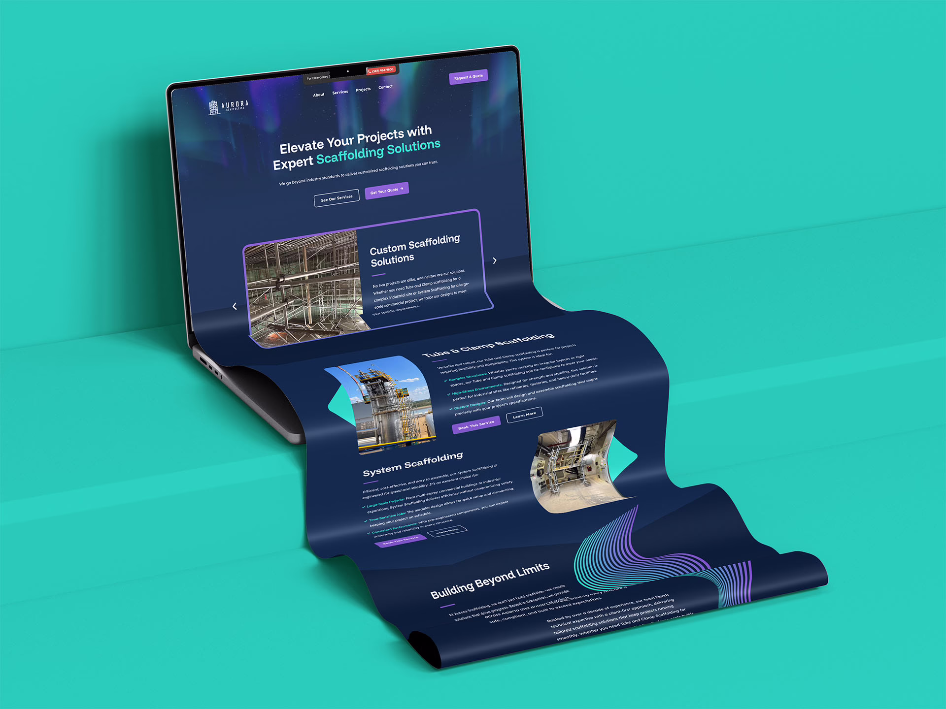 Aurora Scaffolding homepage on a laptop